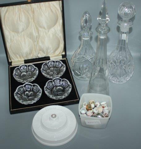 3 glass decanters, cased set of 4 glass dishes and thimbles